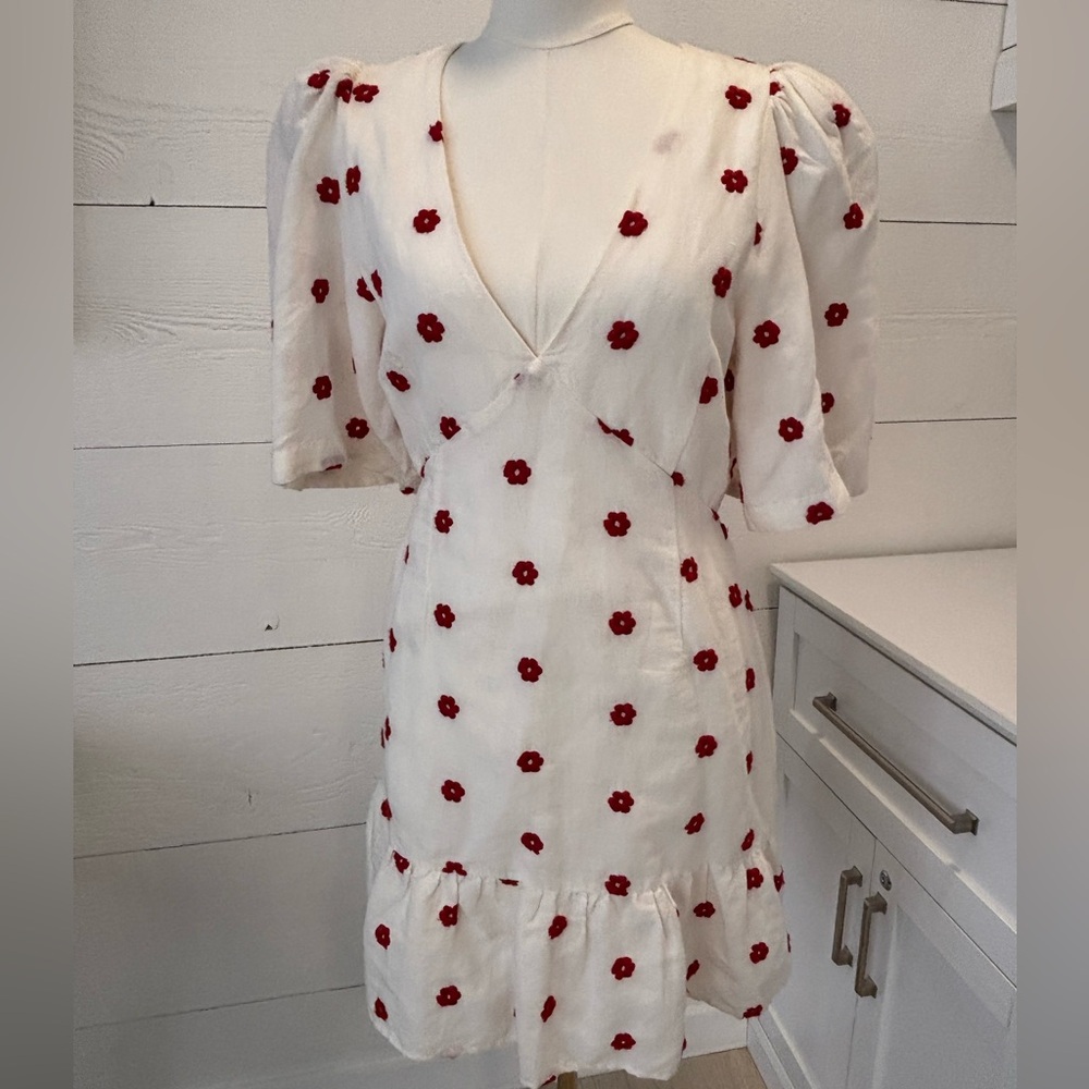NWT Rhode White Linen Mini Dress Red Floral Embroidery Puff Sleeve Size 6